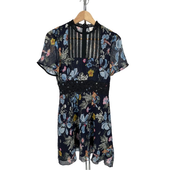 Foxiedox Juniper Floral High Neck Mini Dress size XS Lace Inset - Picture 3 of 14